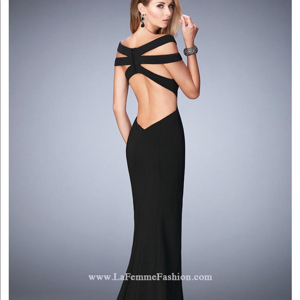 LaFemme Black backless gown